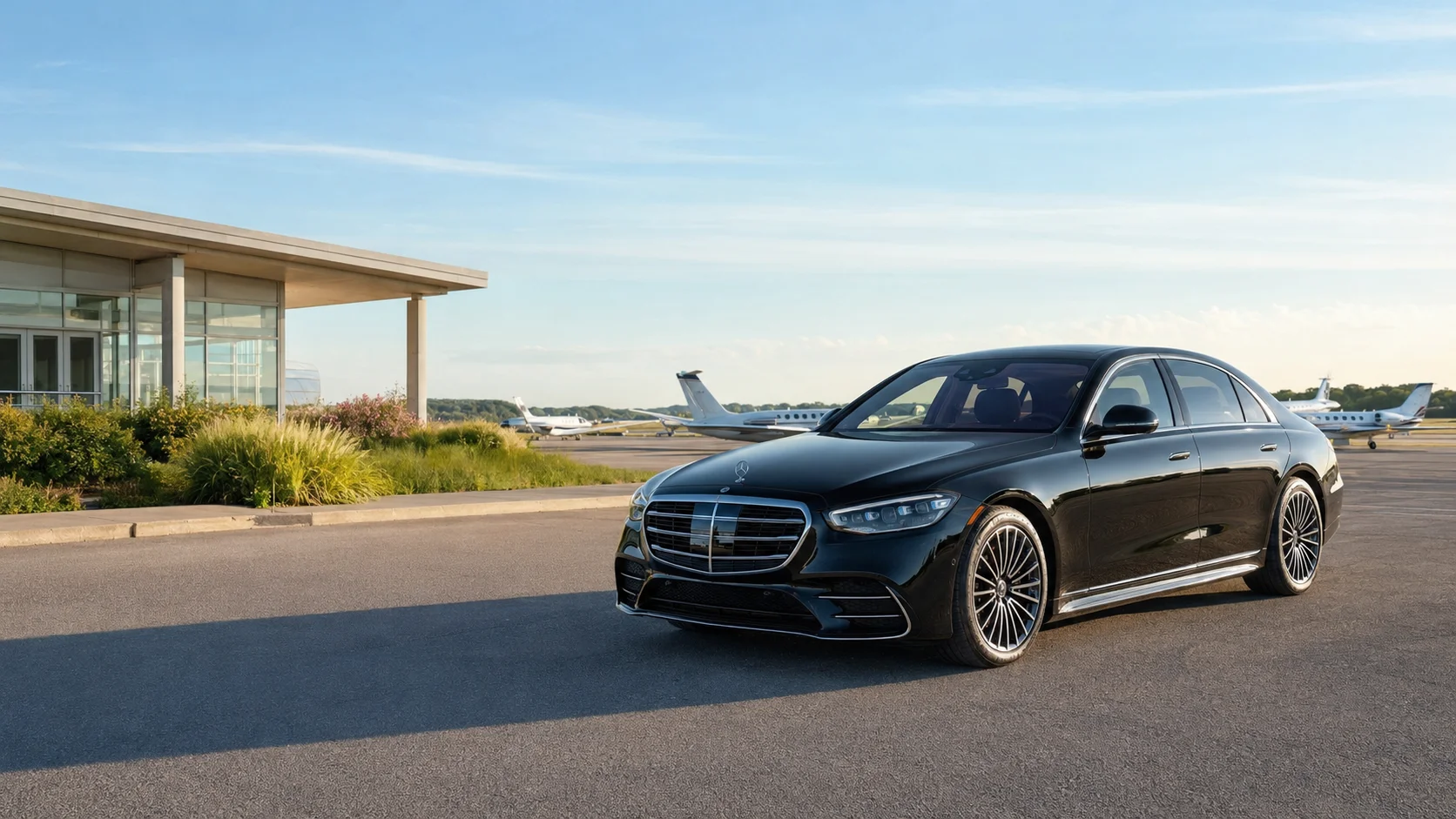 Black luxury sedan at Cape May County Airport for WWD car service