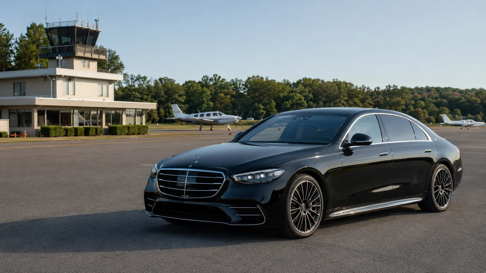 Black luxury sedan at Essex County Airport in Fairfield New Jersey