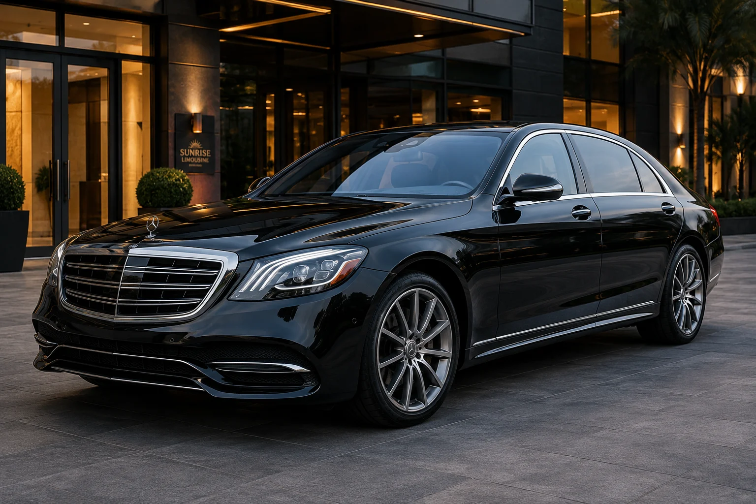 Black Mercedes-Benz S-Class luxury sedan in the Sunrise Limousine fleet