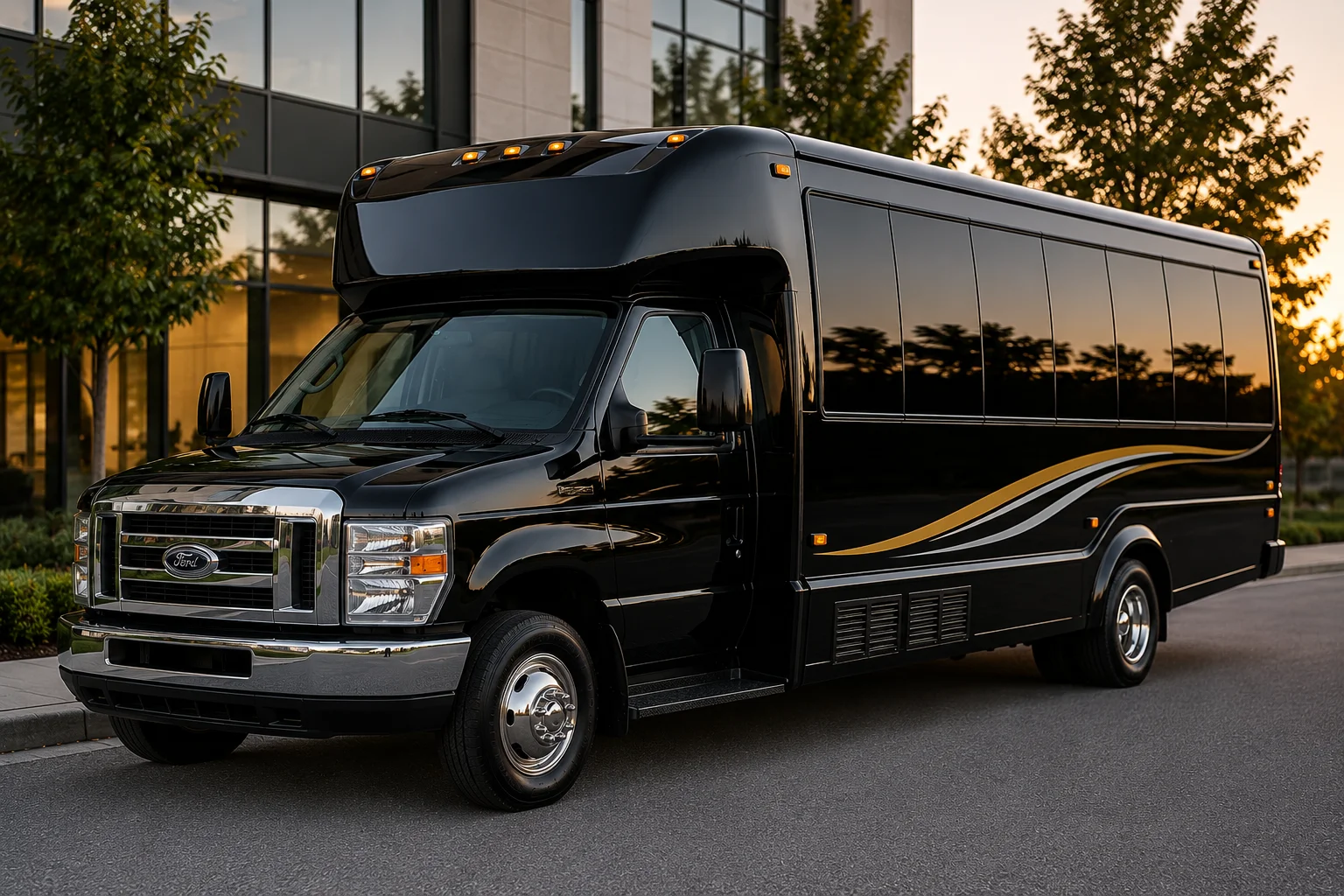 Black luxury mini coach parked outside a modern business building for Sunrise Limousine group transportation