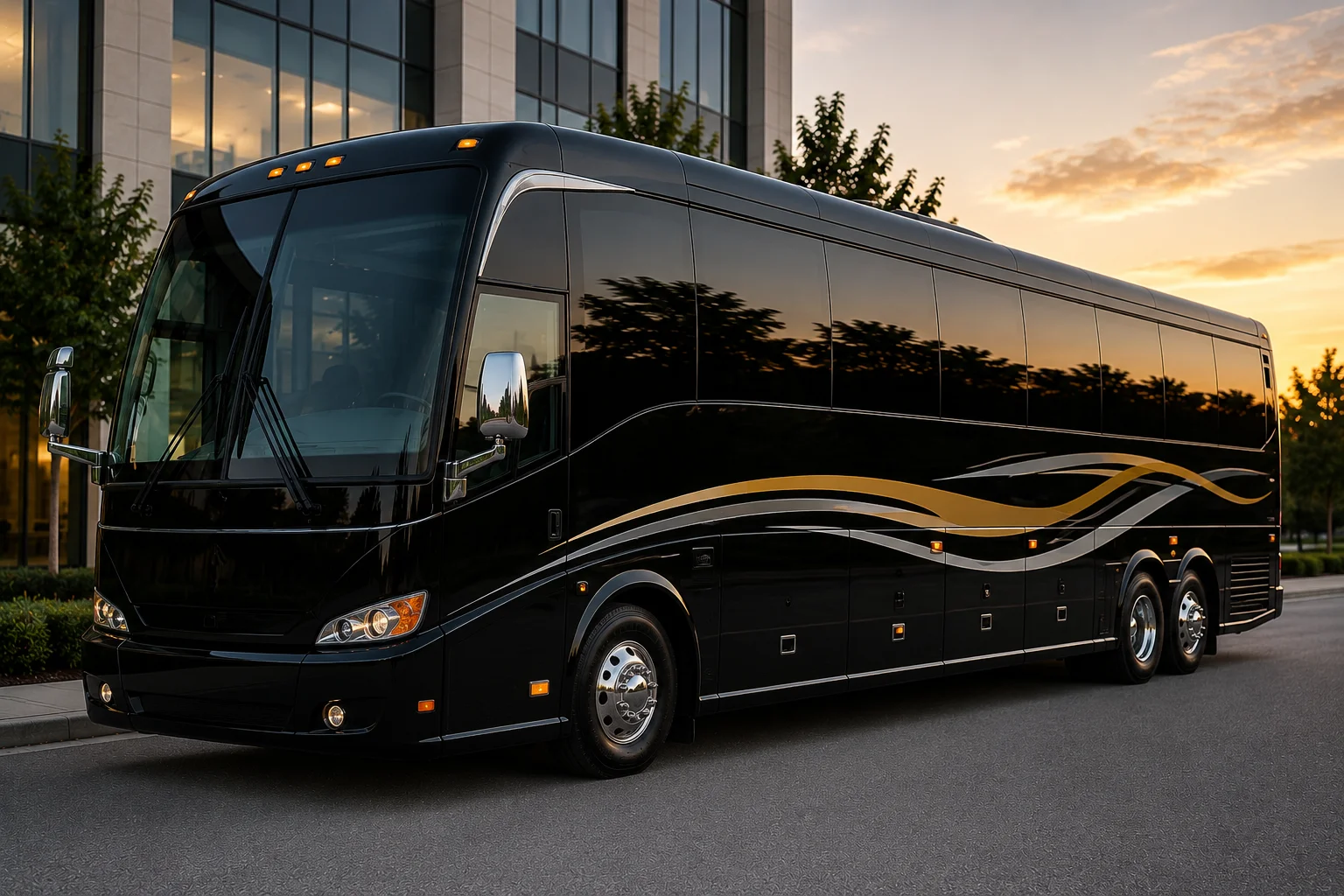 Black luxury motor coach parked outside a modern business building for Sunrise Limousine large group transportation