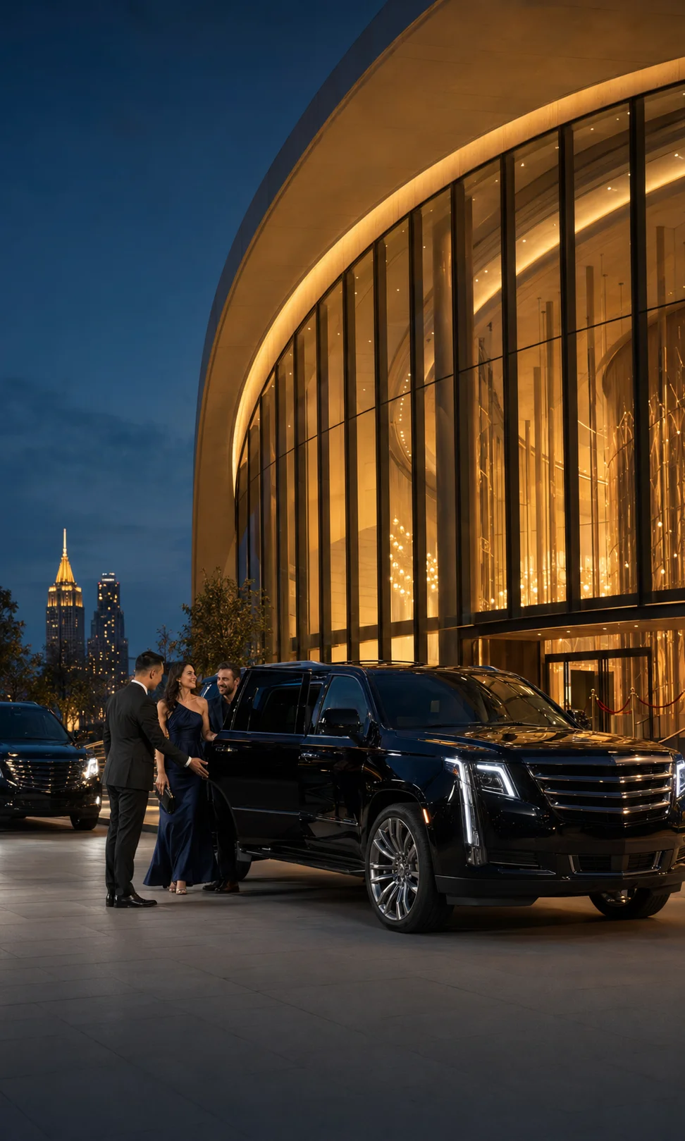 Black luxury vehicle providing special event transportation at an upscale venue