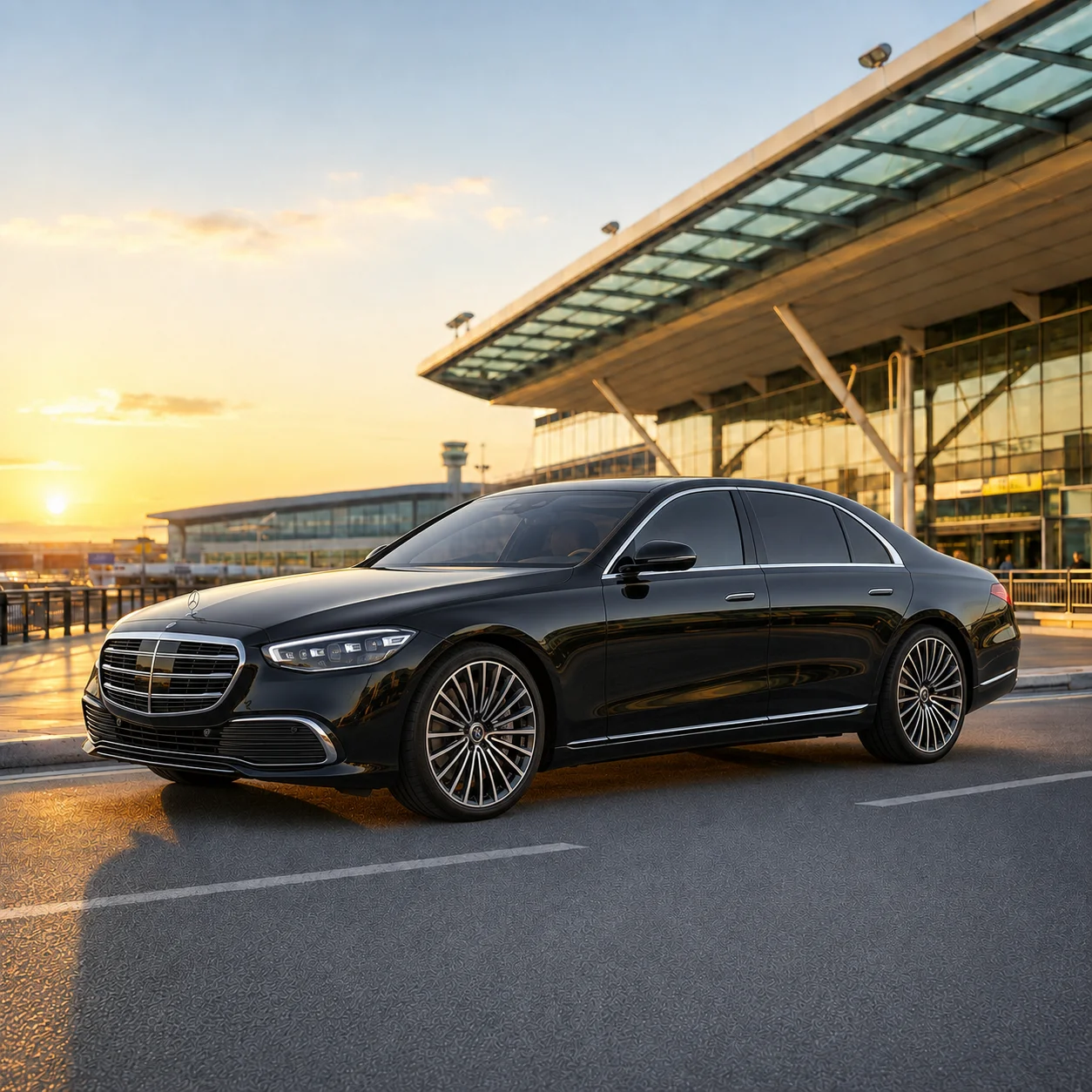 Sunrise Limousine luxury vehicle providing airport transportation outside a terminal