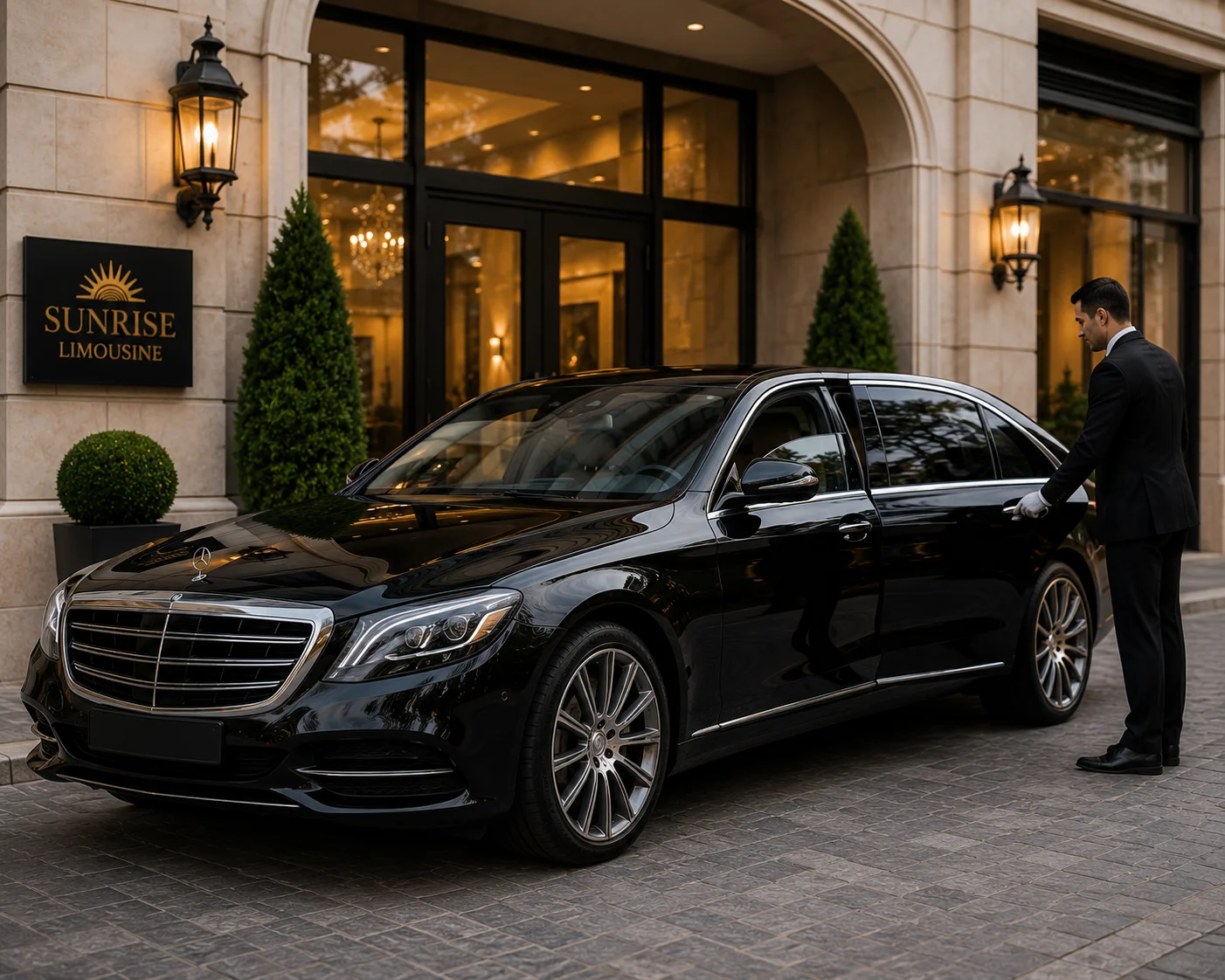 Sunrise Limousine luxury chauffeur vehicle outside a premium property