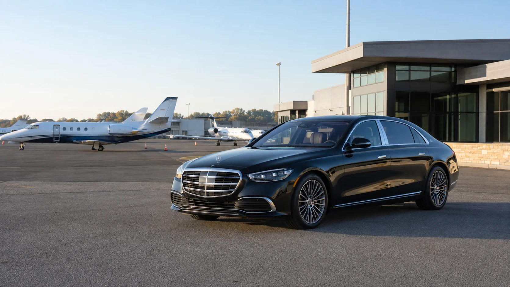 Black luxury sedan beside business jets for Teterboro Airport car service