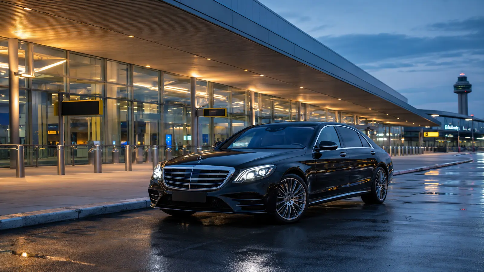 Black Mercedes-Benz S-Class waiting curbside for LaGuardia Airport car service in New York