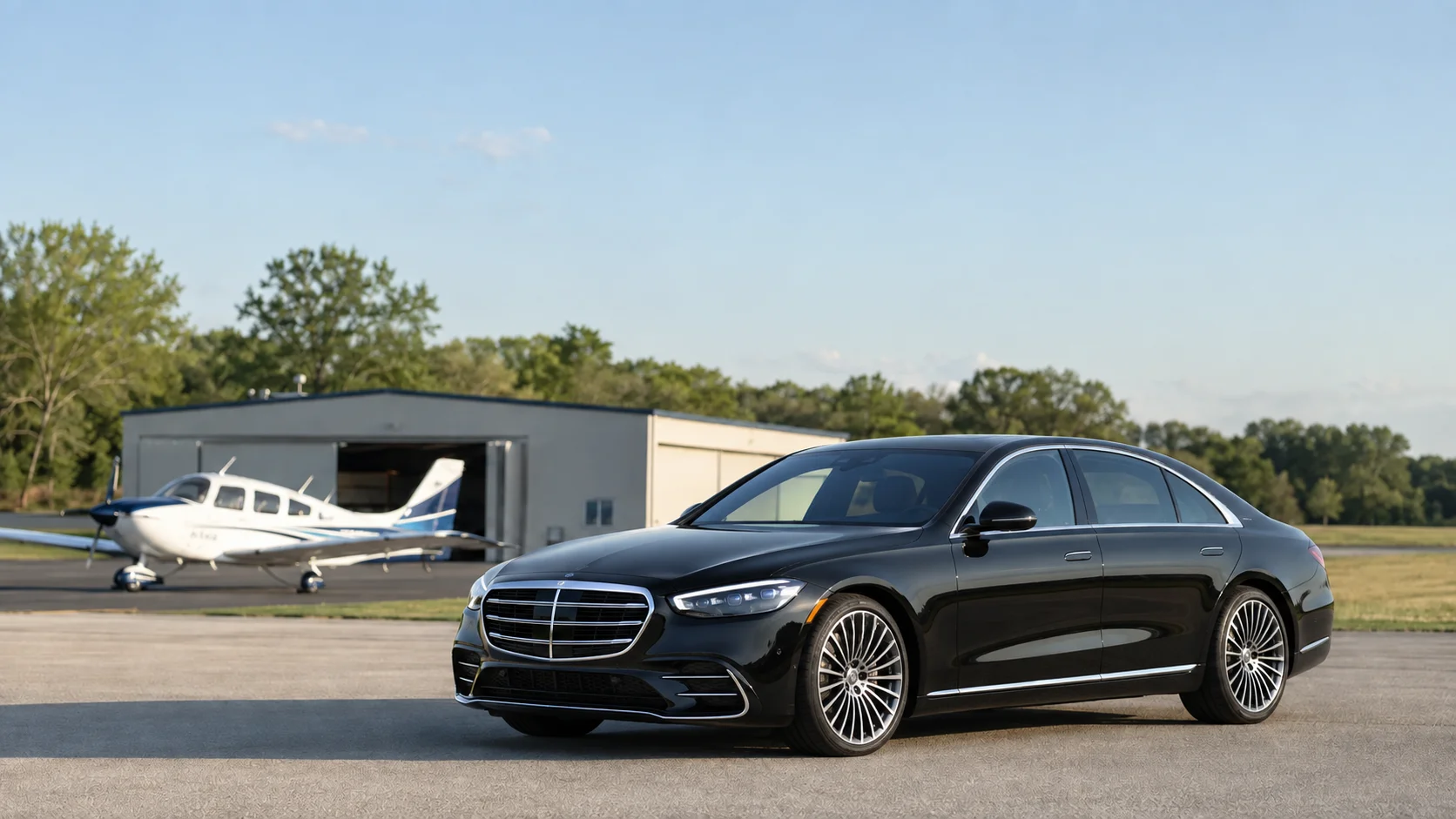 Black 2026 Mercedes-Benz S-Class at Princeton Airport for chauffeur car service